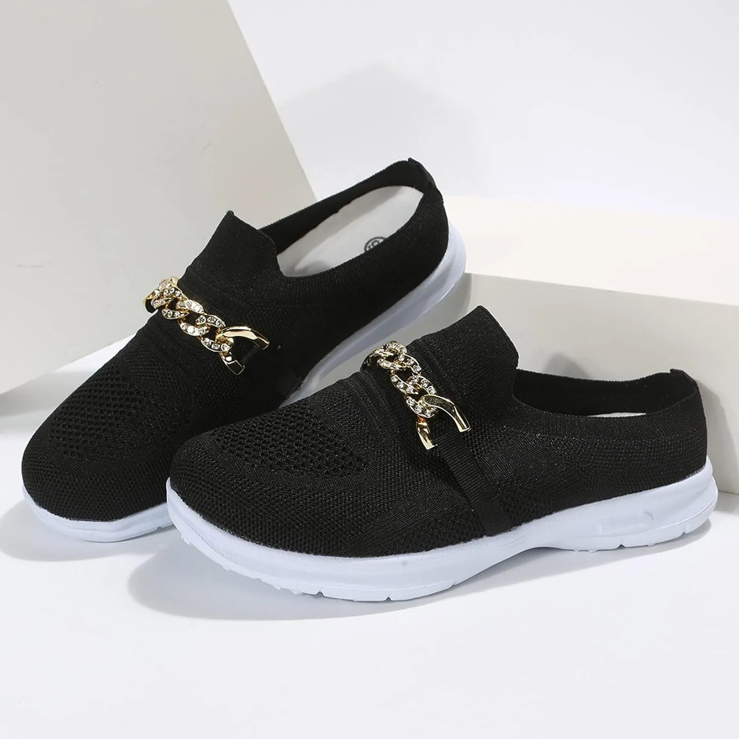 Leisure Women's Slip On Chain Travel Soft Sole Comfortable Shoes Outdoor Mesh Runing Women Casual Dress Shoes Heels (Black, 6.5)