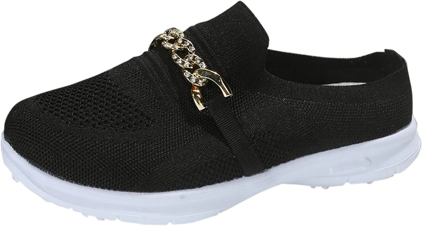 Leisure Women's Slip On Chain Travel Soft Sole Comfortable Shoes Outdoor Mesh Runing Women Casual Dress Shoes Heels (Black, 6.5)
