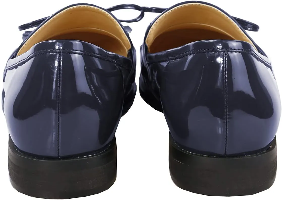 LEMUTISME Women's Trendy Patent Leather Comfort Casual Closed Round Toe Slip On Bow-Knot Dress Flat Loafers Pump Shoes with Tassal