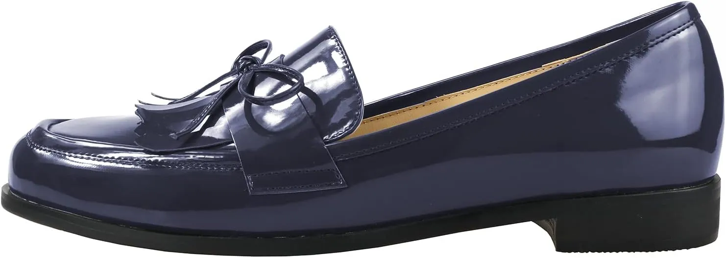 LEMUTISME Women's Trendy Patent Leather Comfort Casual Closed Round Toe Slip On Bow-Knot Dress Flat Loafers Pump Shoes with Tassal