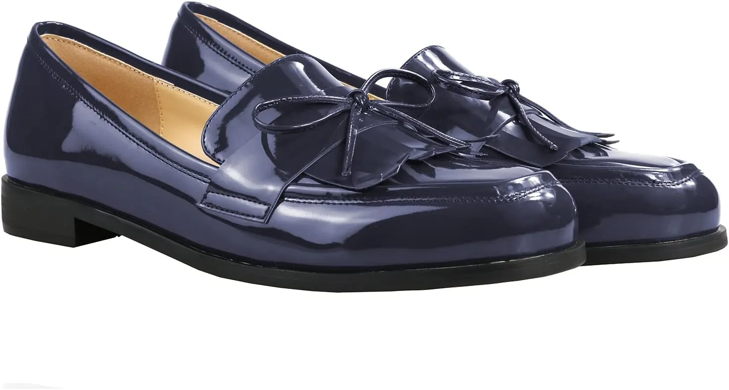 LEMUTISME Women's Trendy Patent Leather Comfort Casual Closed Round Toe Slip On Bow-Knot Dress Flat Loafers Pump Shoes with Tassal