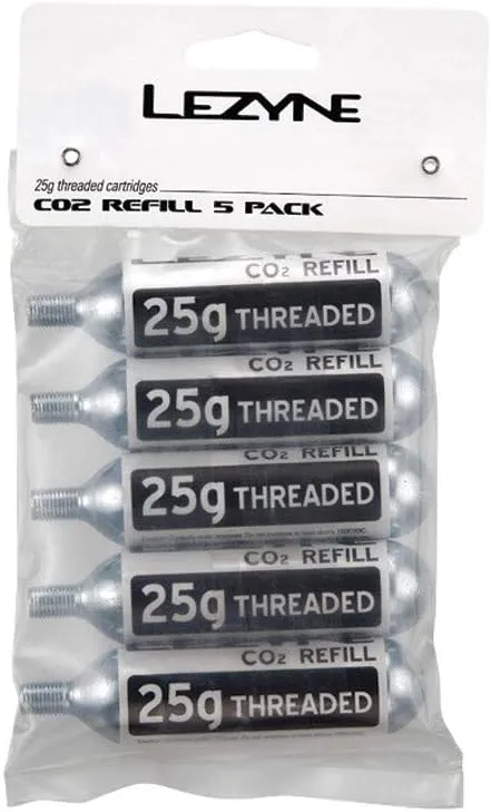 Lezyne Threaded CO2 Cartridge for Quick and Easy Road & Mountain Bike Tire Inflation - 25g (5-Pack)