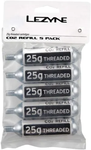 Lezyne Threaded CO2 Cartridge for Quick and Easy Road & Mountain Bike Tire Inflation - 25g (5-Pack)