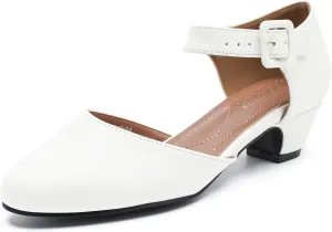 LIURUIJIA Women's Buckle Strap Low Block Heel Dress Shoes Bridal Wedding Heels Pumps White Matte 45 US 11