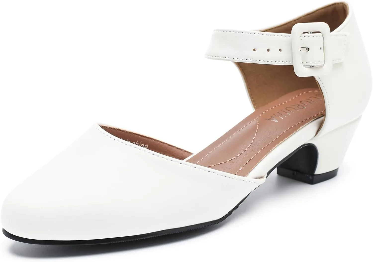 LIURUIJIA Women's Buckle Strap Low Block Heel Dress Shoes Bridal Wedding Heels Pumps White Matte 45 US 11
