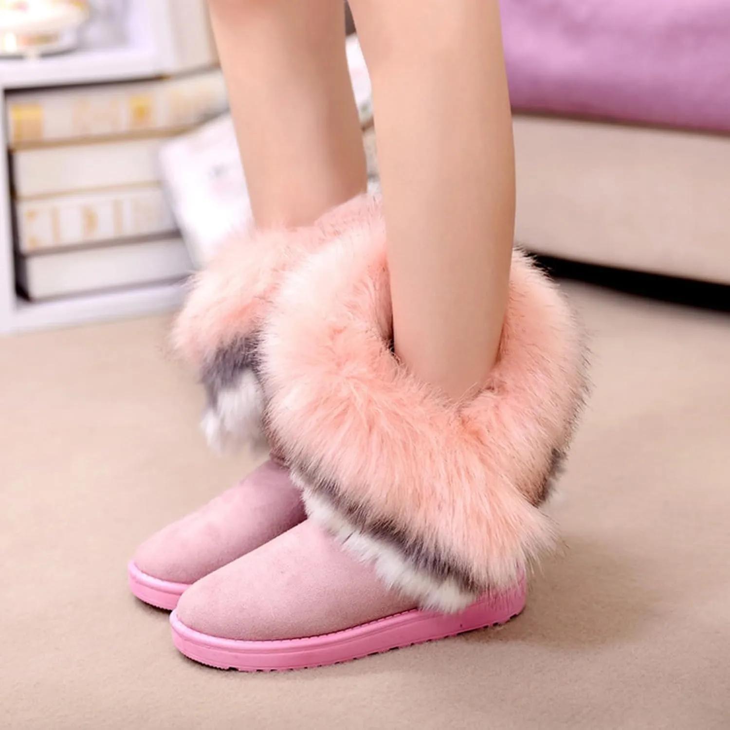 LNERIP Womens Snow Boots Mini Platform Boot Short Ankle Boots Thickened Flat Boot Fur Fleece Lined Slide Sandals Warm Durable Anti-Slip House Shoes for Outdoor
