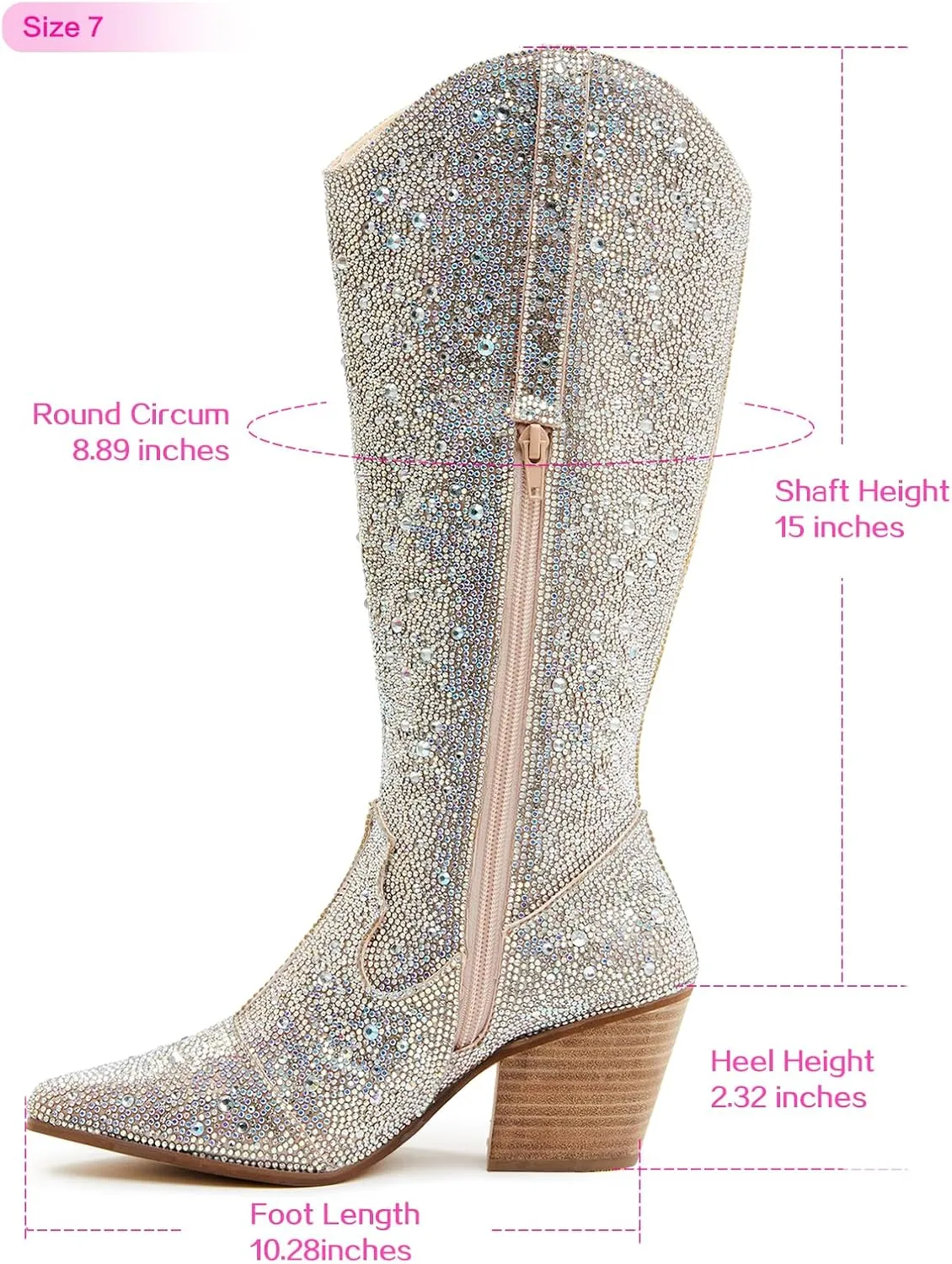 LOCERICH Women Rhinestone Cowgirl Boots Cowboy Ankle Boots Sparkly Glitter Boots Shoes Bling Pointed Toe Chunky Heel 2in Side Zippers Pull On, Wide Calf Friendly for Fashion&Daily US5