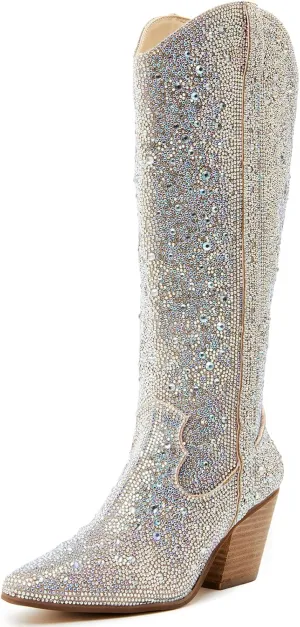 LOCERICH Women Rhinestone Cowgirl Boots Cowboy Ankle Boots Sparkly Glitter Boots Shoes Bling Pointed Toe Chunky Heel 2in Side Zippers Pull On, Wide Calf Friendly for Fashion&Daily US5
