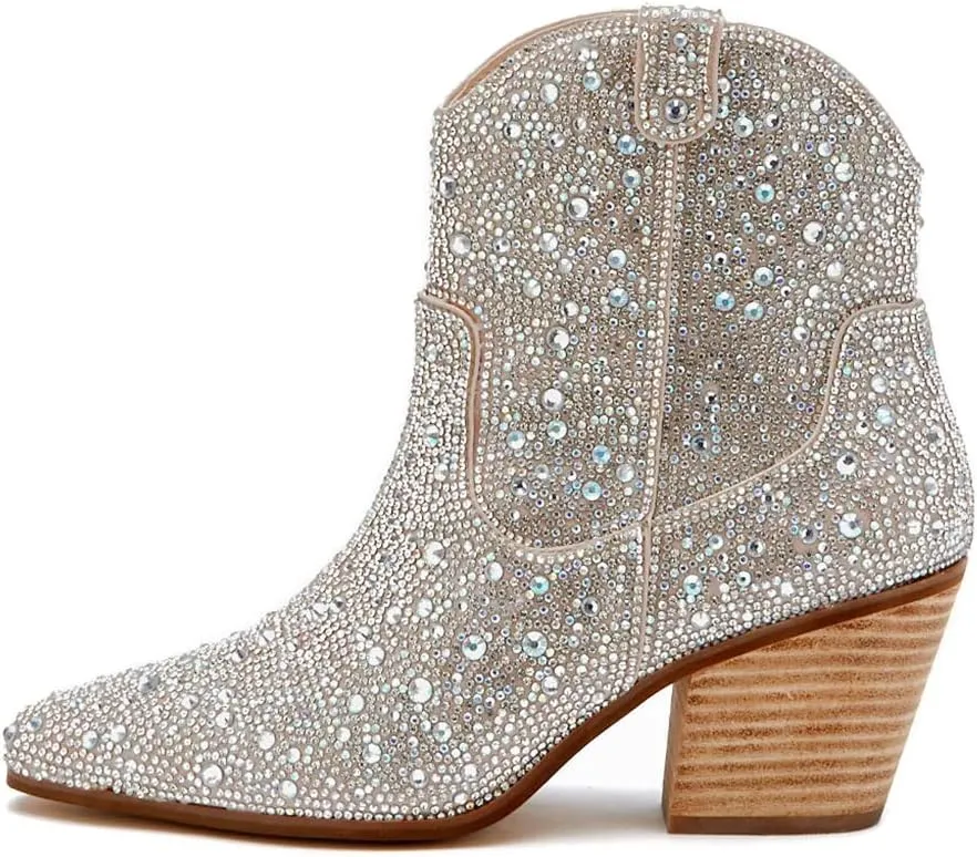 LOCERICH Women Rhinestone Cowgirl Boots Cowboy Ankle Boots Sparkly Glitter Boots Shoes Bling Pointed Toe Chunky Heel 2in Side Zippers Pull On, Wide Calf Friendly for Fashion&Daily US5