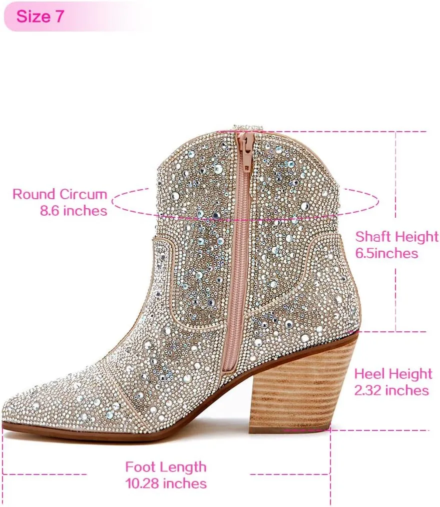 LOCERICH Women Rhinestone Cowgirl Boots Cowboy Ankle Boots Sparkly Glitter Boots Shoes Bling Pointed Toe Chunky Heel 2in Side Zippers Pull On, Wide Calf Friendly for Fashion&Daily US5