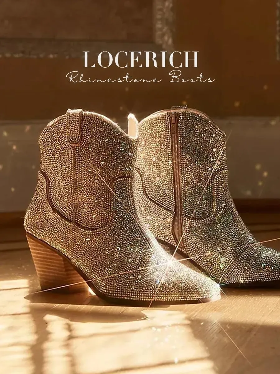 LOCERICH Women Rhinestone Cowgirl Boots Cowboy Ankle Boots Sparkly Glitter Boots Shoes Bling Pointed Toe Chunky Heel 2in Side Zippers Pull On, Wide Calf Friendly for Fashion&Daily US5