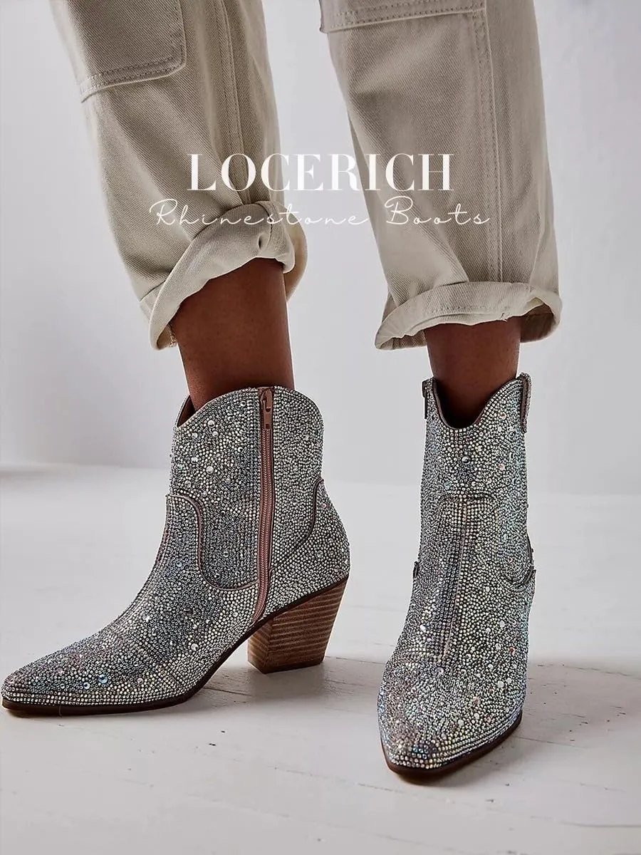 LOCERICH Women Rhinestone Cowgirl Boots Cowboy Ankle Boots Sparkly Glitter Boots Shoes Bling Pointed Toe Chunky Heel 2in Side Zippers Pull On, Wide Calf Friendly for Fashion&Daily US5
