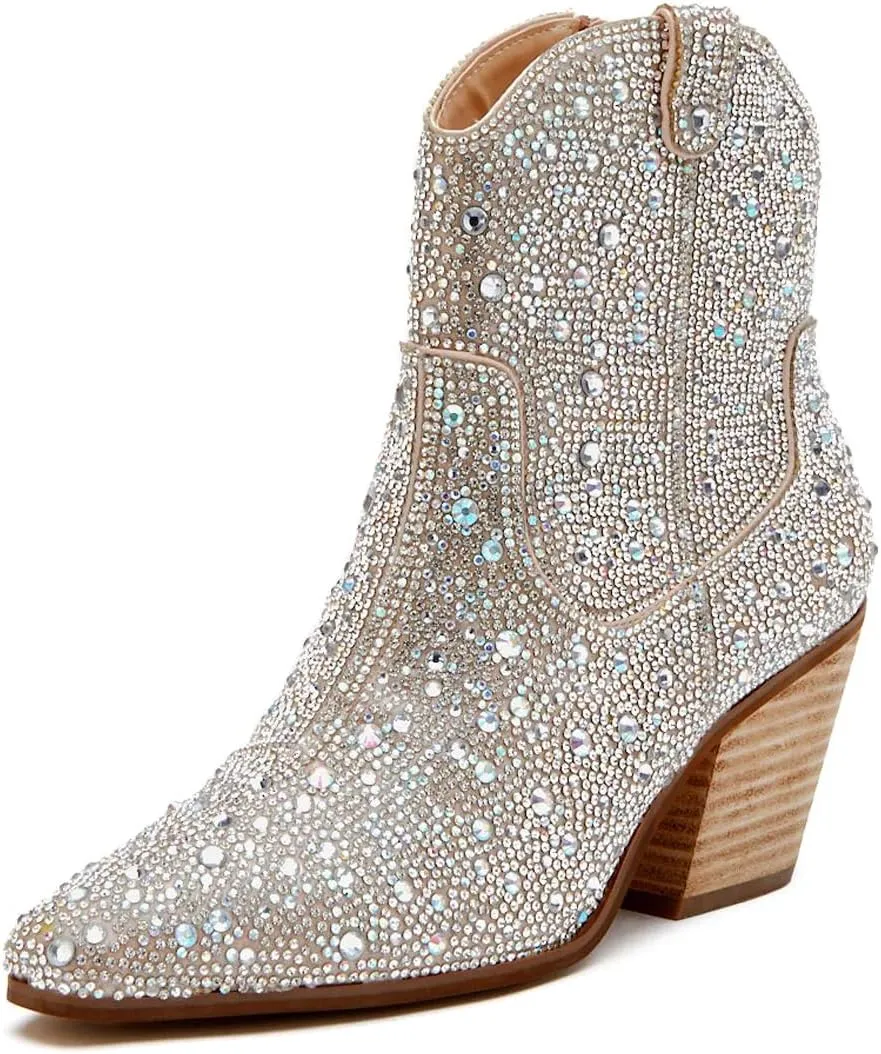 LOCERICH Women Rhinestone Cowgirl Boots Cowboy Ankle Boots Sparkly Glitter Boots Shoes Bling Pointed Toe Chunky Heel 2in Side Zippers Pull On, Wide Calf Friendly for Fashion&Daily US5