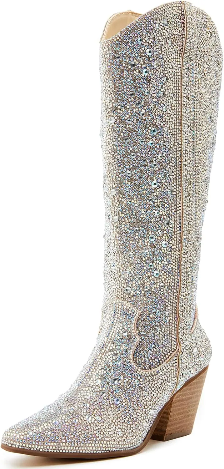 LOCERICH Women Rhinestone Cowgirl Boots Cowboy Ankle Boots Sparkly Glitter Boots Shoes Bling Pointed Toe Chunky Heel 2in Side Zippers Pull On, Wide Calf Friendly for Fashion&Daily US5