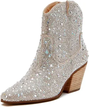 LOCERICH Women Rhinestone Cowgirl Boots Cowboy Ankle Boots Sparkly Glitter Boots Shoes Bling Pointed Toe Chunky Heel 2in Side Zippers Pull On, Wide Calf Friendly for Fashion&Daily US5