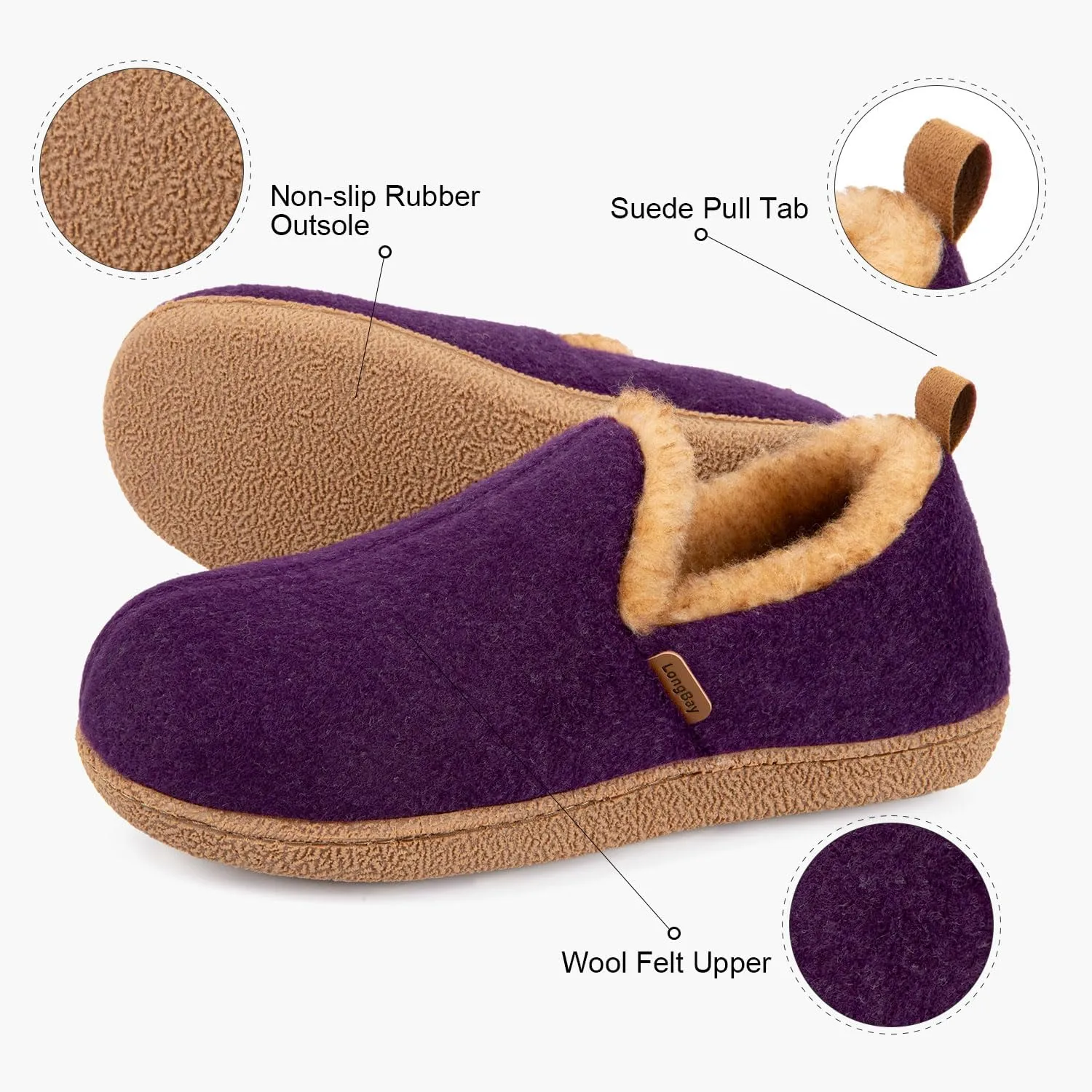 LongBay Women's Felt Bootie Slippers Warm Cozy Memory Foam Slipper Boots with Polar Fleece Lining Non Slip House Shoes Indoor Outdoor