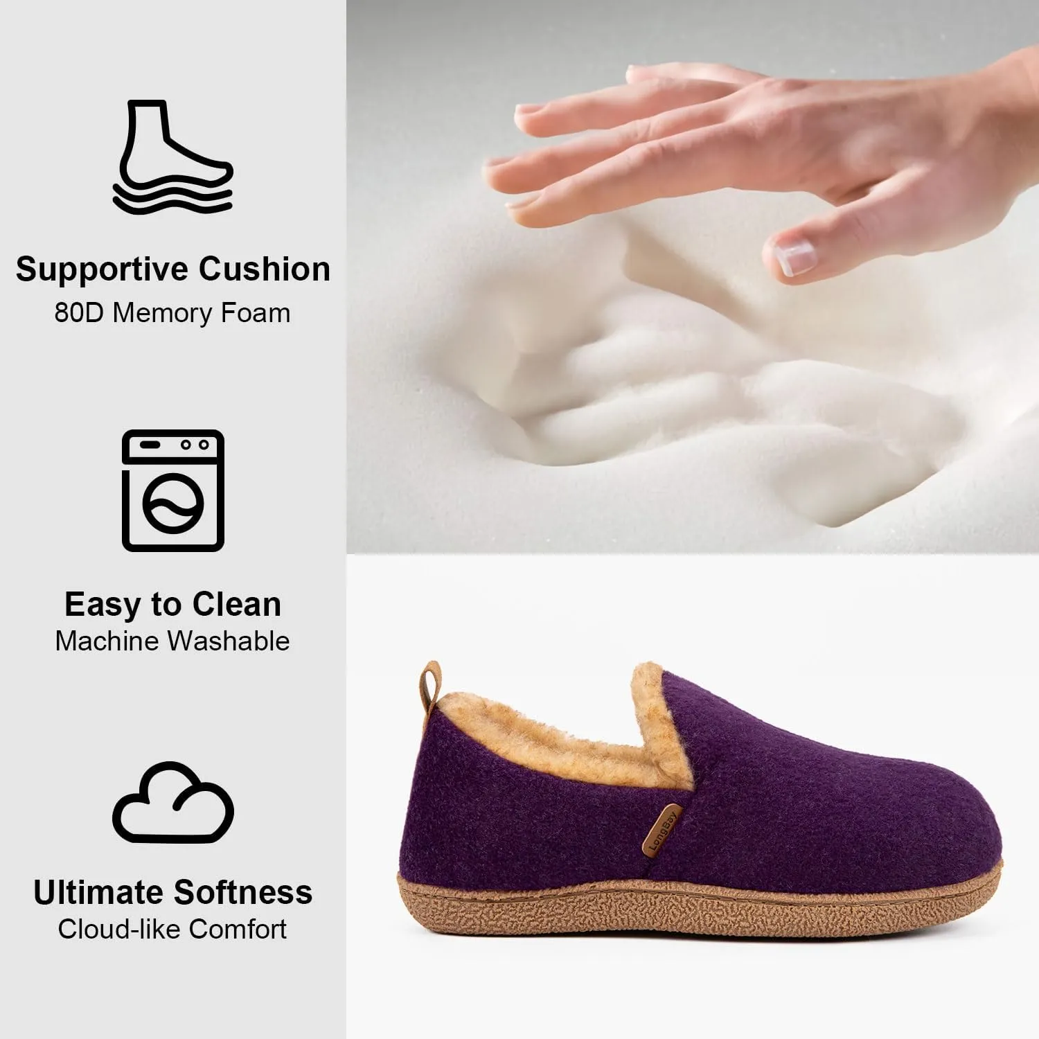 LongBay Women's Felt Bootie Slippers Warm Cozy Memory Foam Slipper Boots with Polar Fleece Lining Non Slip House Shoes Indoor Outdoor