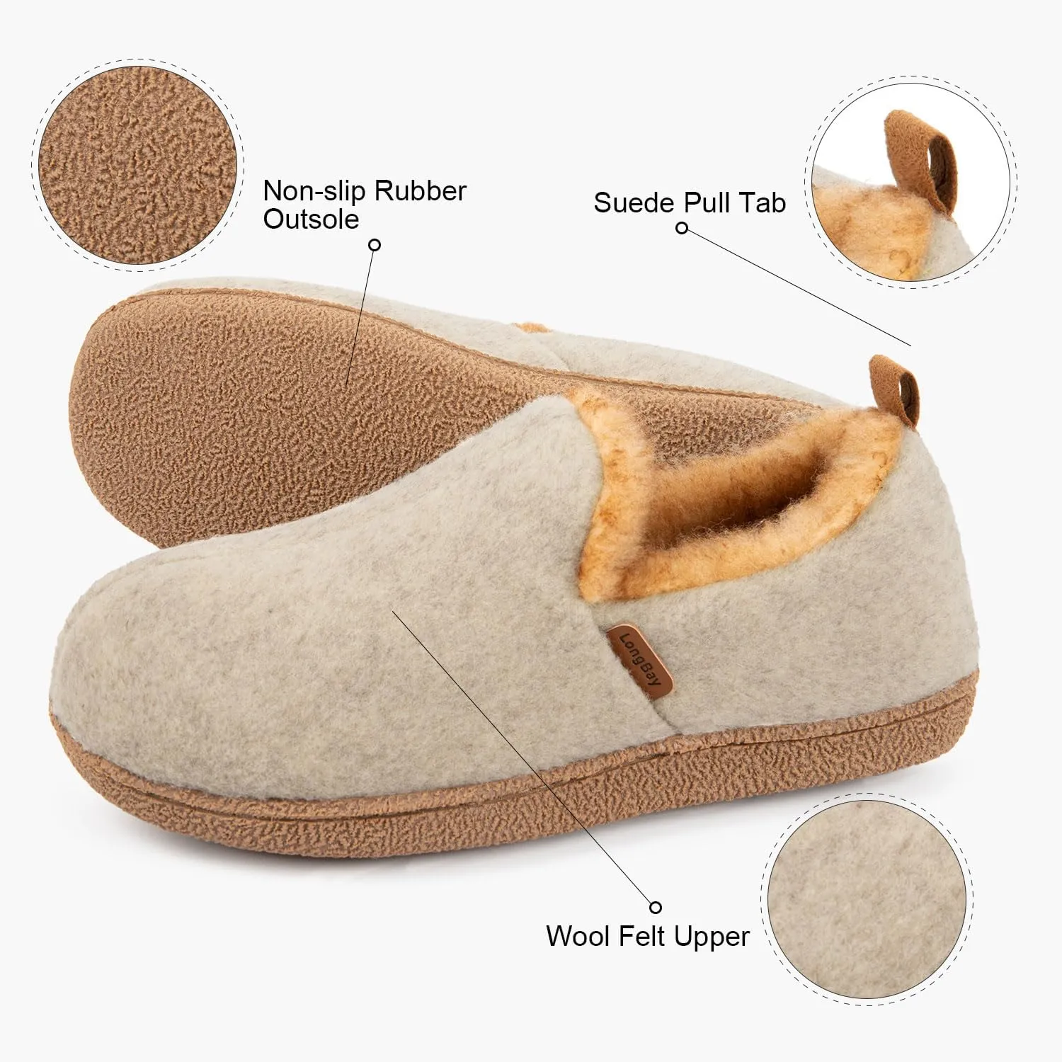 LongBay Women's Felt Bootie Slippers Warm Cozy Memory Foam Slipper Boots with Polar Fleece Lining Non Slip House Shoes Indoor Outdoor