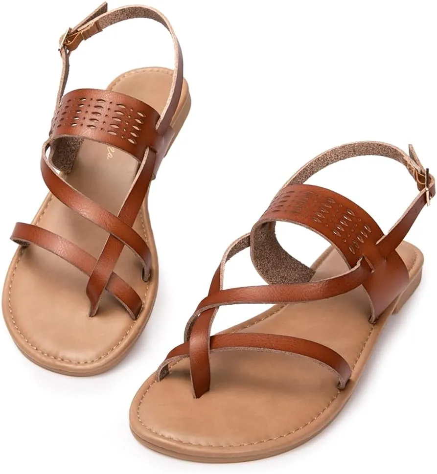 Luffymomo Womens Strappy Flat Sandals Leathe Gladiator Sandals Summer Casual Fisherman Thong