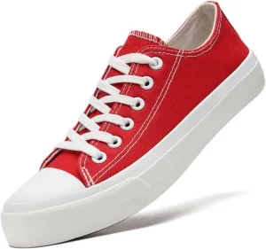 LUMUBBY Women's Canvas Fashion Sneakers, Red, Casual, Walking, Flat Sole, Lace-Up, All Seasons