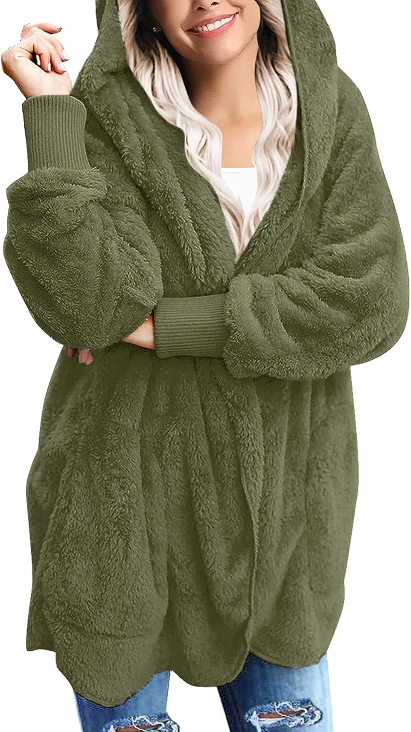 luvamia Women Fuzzy Fleece Open Front Pockets Hooded Cardigan Jacket Coat Outwear