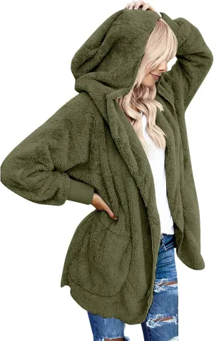 luvamia Women Fuzzy Fleece Open Front Pockets Hooded Cardigan Jacket Coat Outwear