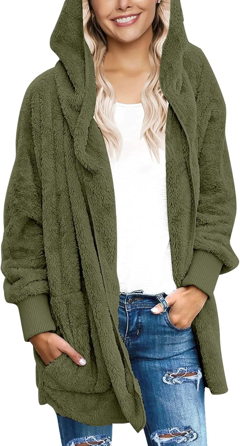 luvamia Women Fuzzy Fleece Open Front Pockets Hooded Cardigan Jacket Coat Outwear