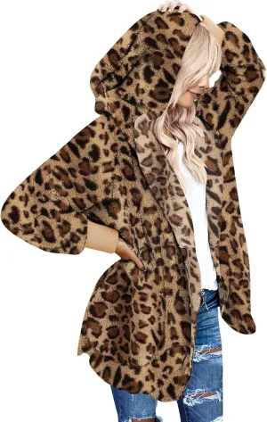 luvamia Women Fuzzy Fleece Open Front Pockets Hooded Cardigan Jacket Coat Outwear