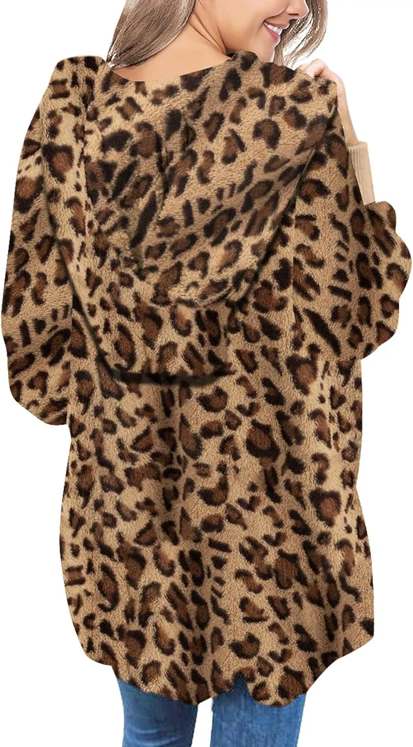 luvamia Women Fuzzy Fleece Open Front Pockets Hooded Cardigan Jacket Coat Outwear
