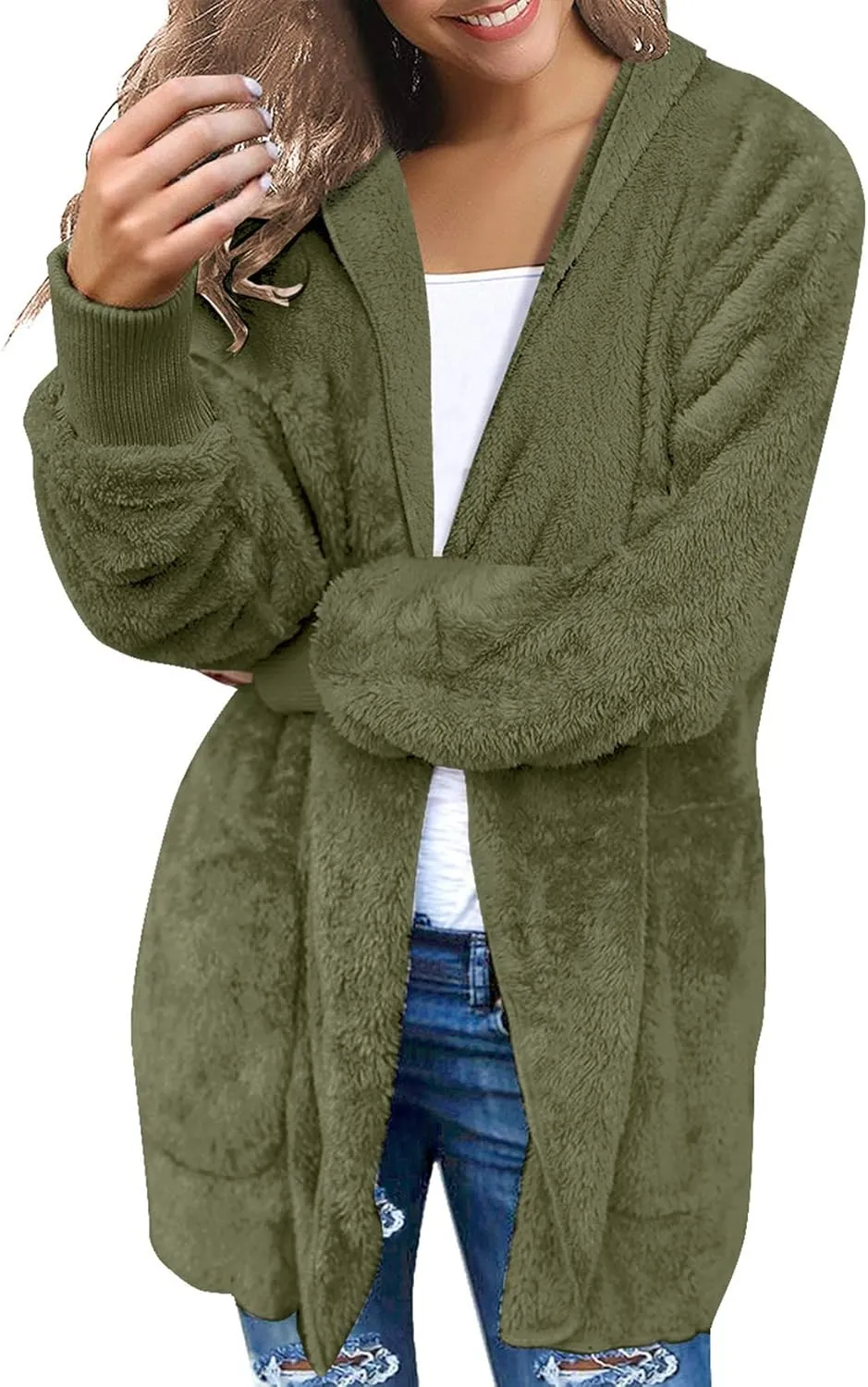 luvamia Women Fuzzy Fleece Open Front Pockets Hooded Cardigan Jacket Coat Outwear