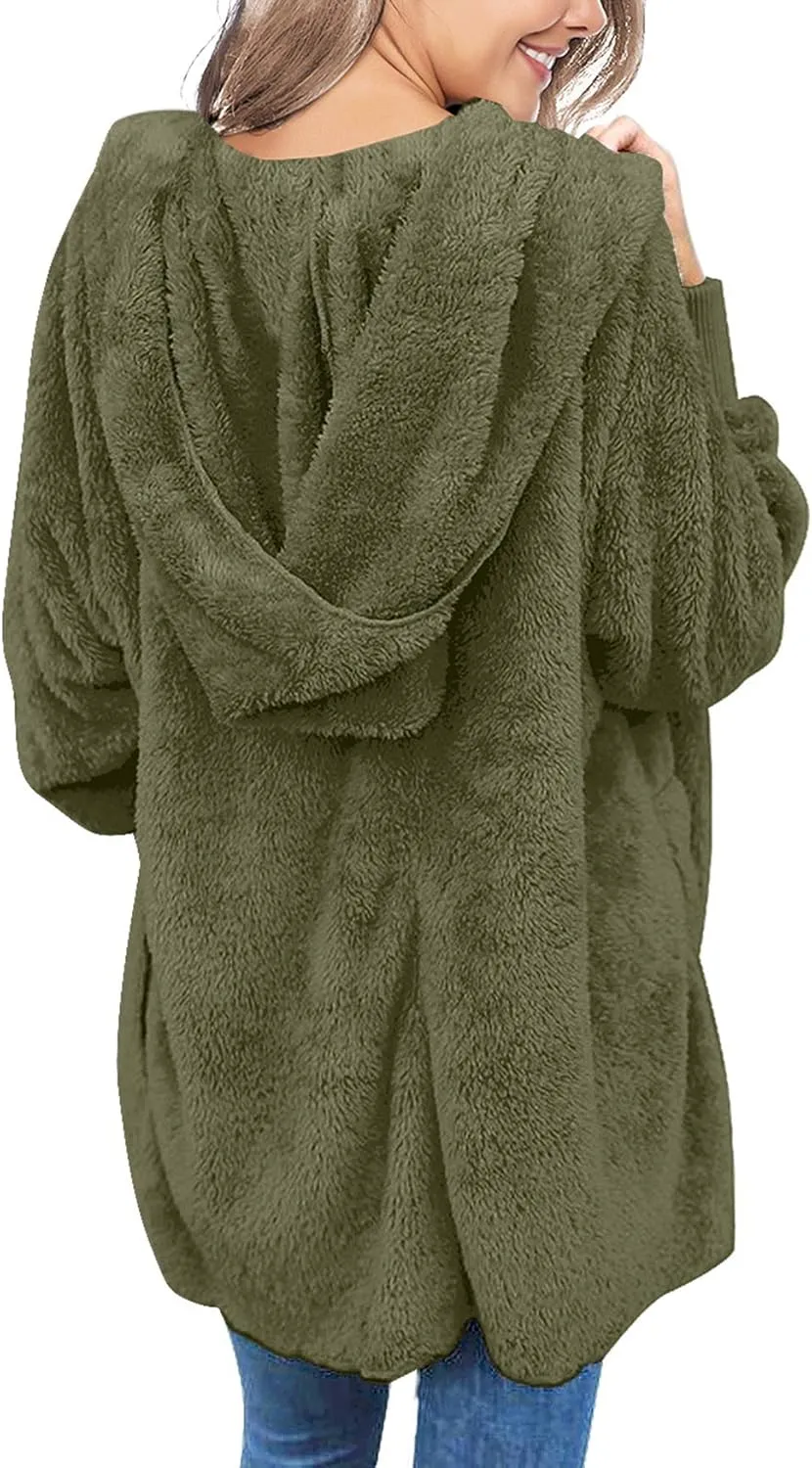 luvamia Women Fuzzy Fleece Open Front Pockets Hooded Cardigan Jacket Coat Outwear