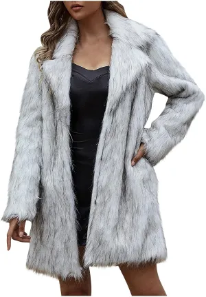 Luxury Faux Fur Coat Women Lapel Mid Length Cardigan Open Front Winter Jacket Fashion Warm Outerwear Overcoat