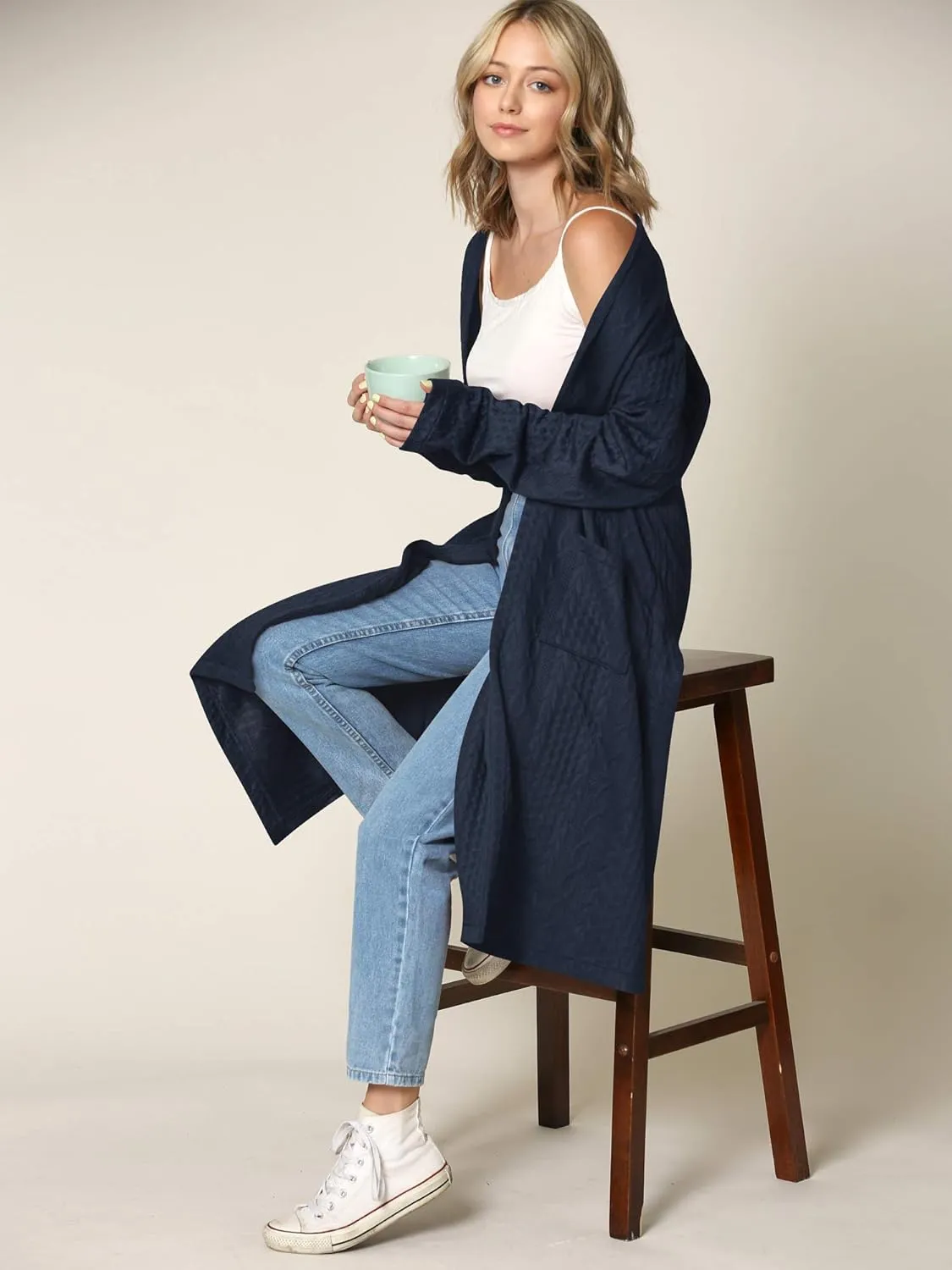 Made By Johnny Women's Casual Cozy Braided Open Front Long Pocket Cardigan Sweater