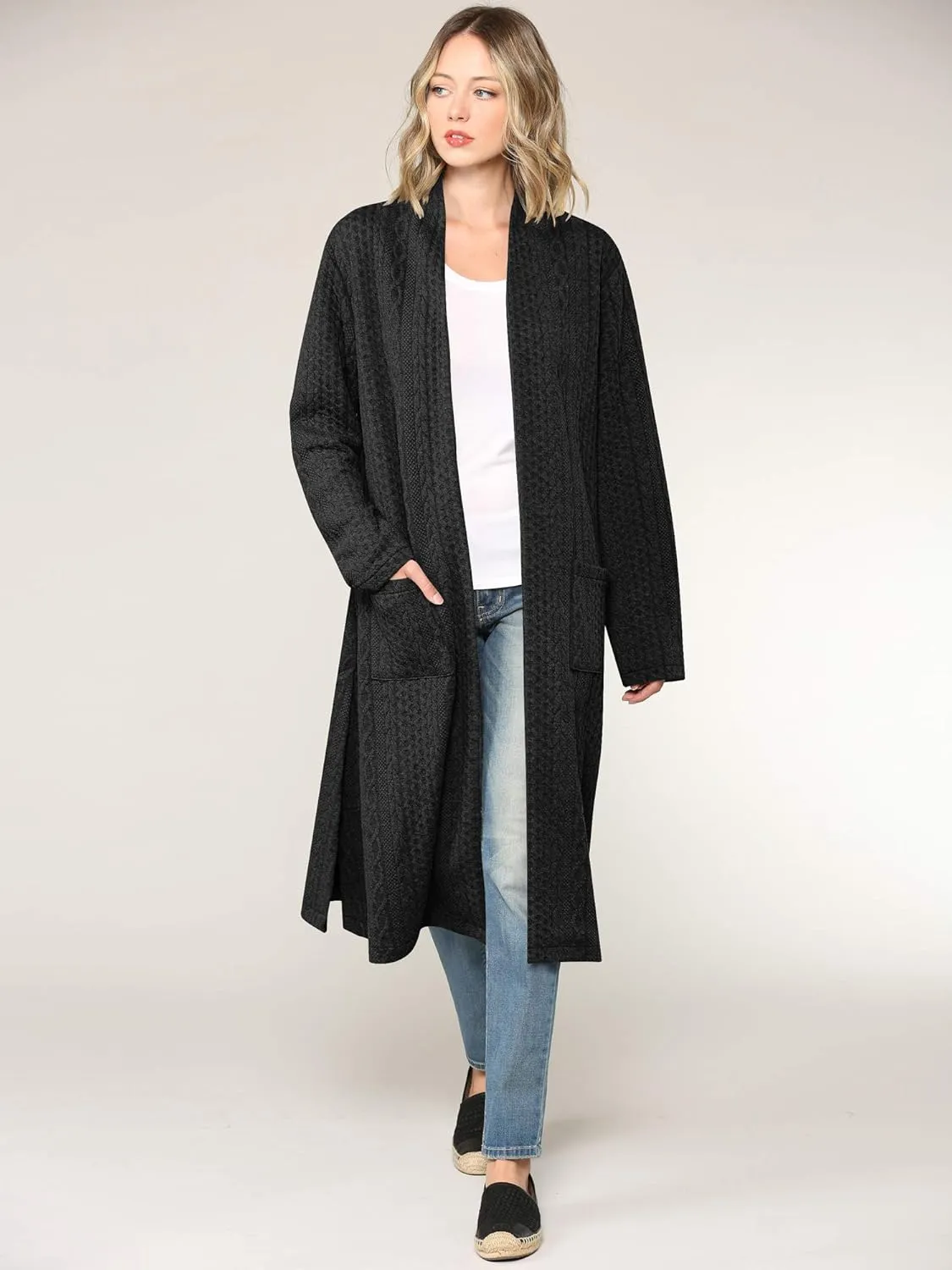Made By Johnny Women's Casual Cozy Braided Open Front Long Pocket Cardigan Sweater