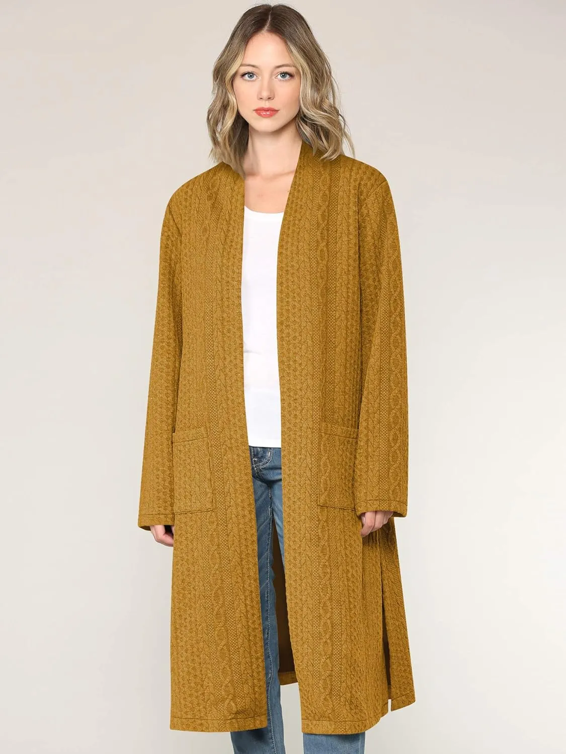 Made By Johnny Women's Casual Cozy Braided Open Front Long Pocket Cardigan Sweater