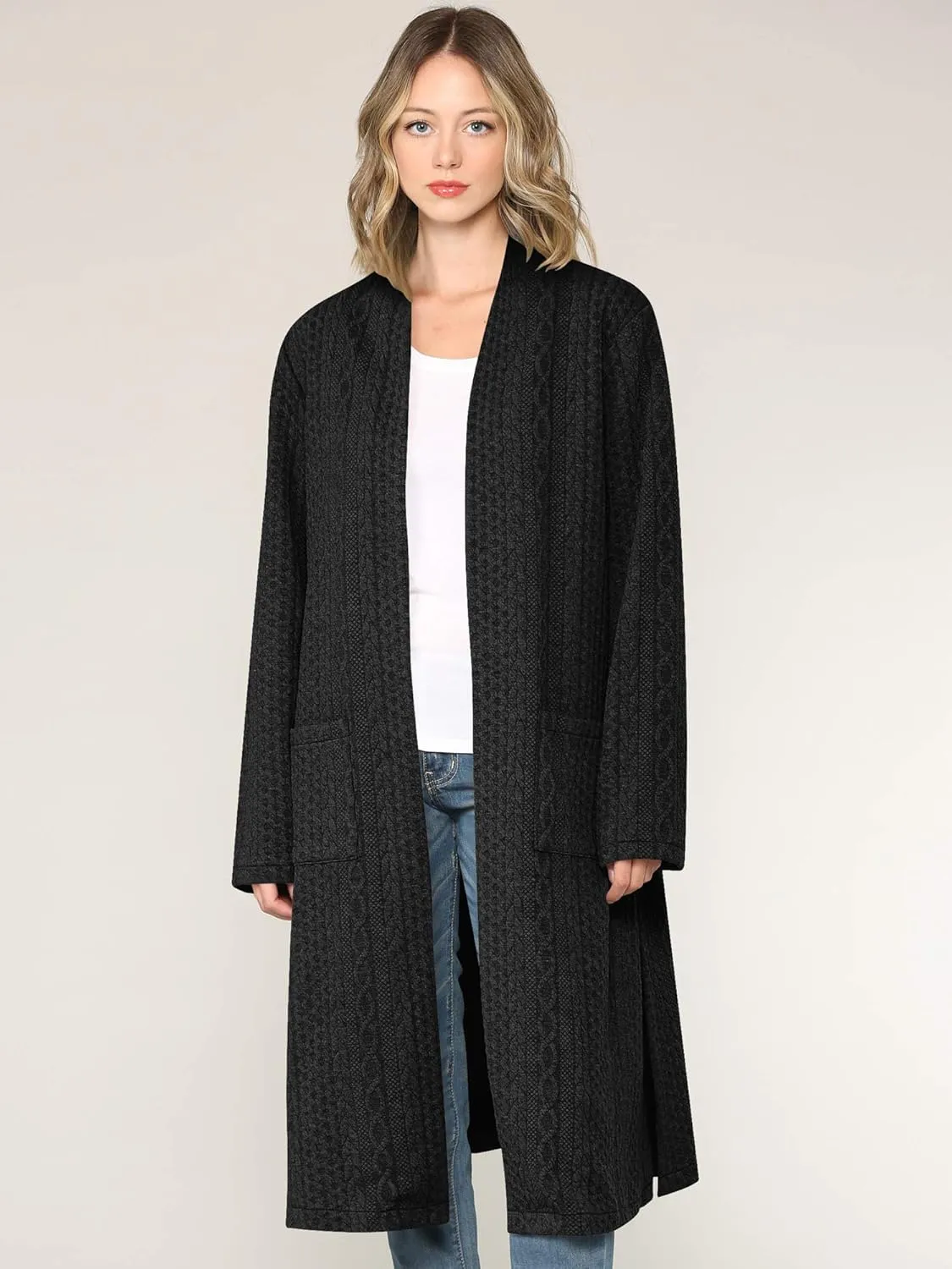 Made By Johnny Women's Casual Cozy Braided Open Front Long Pocket Cardigan Sweater