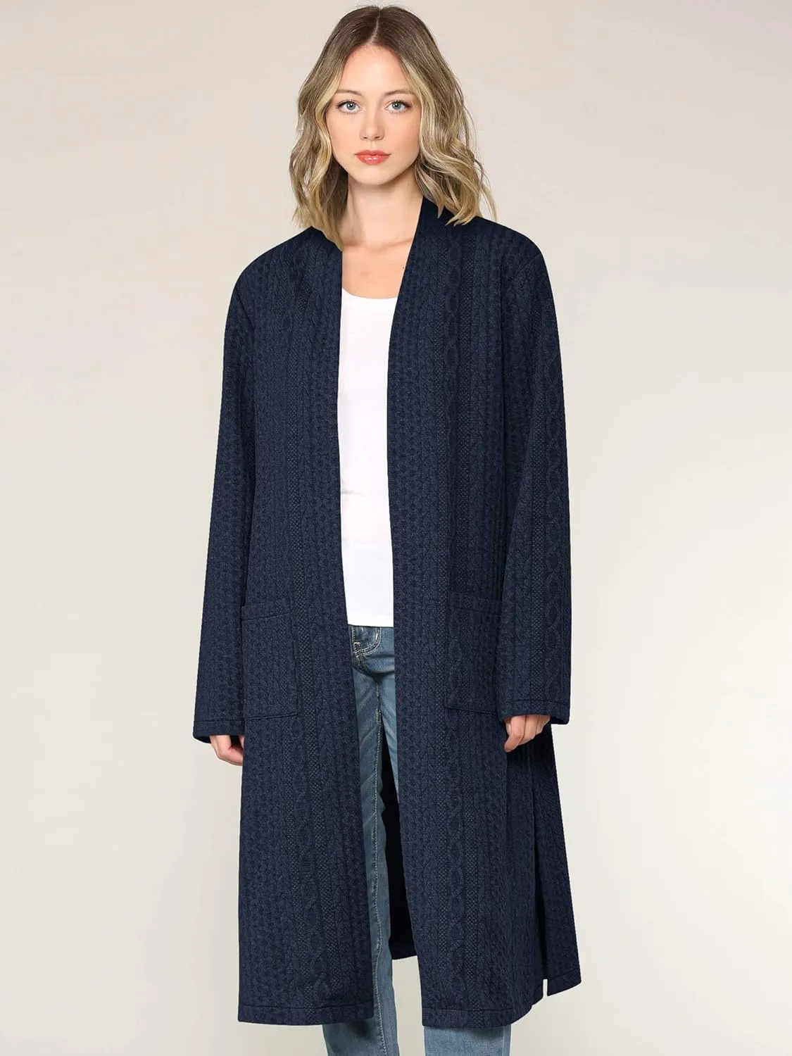 Made By Johnny Women's Casual Cozy Braided Open Front Long Pocket Cardigan Sweater