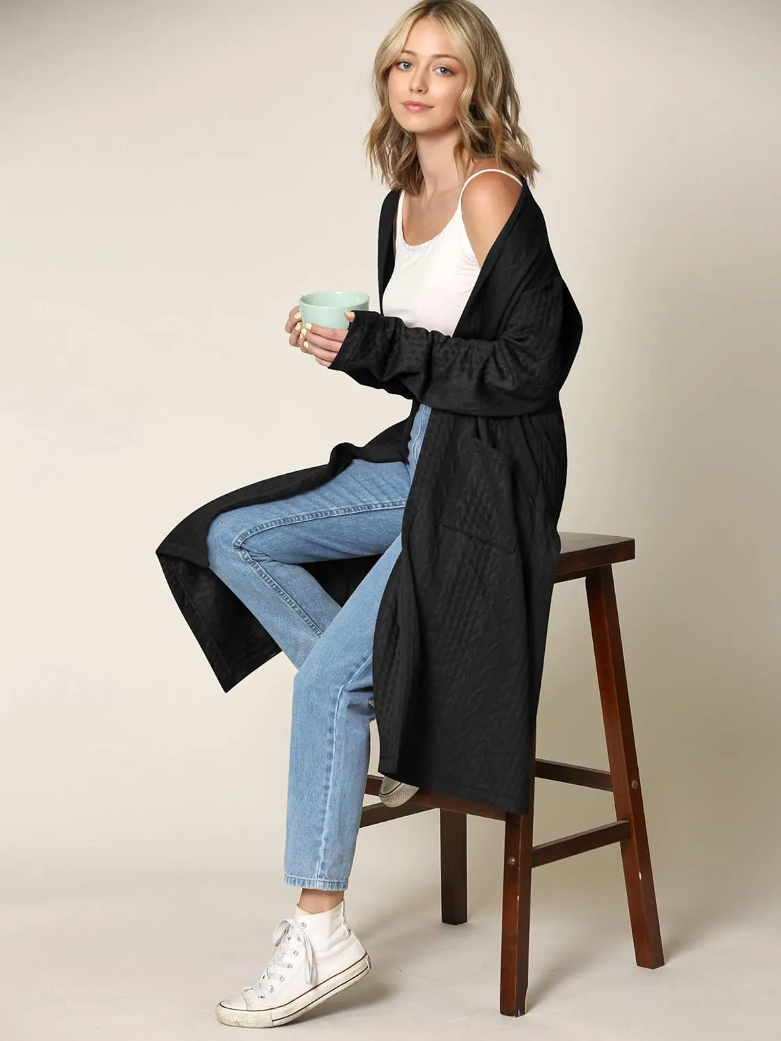 Made By Johnny Women's Casual Cozy Braided Open Front Long Pocket Cardigan Sweater