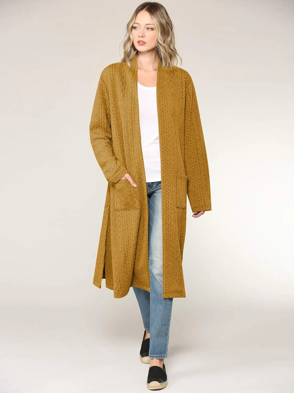 Made By Johnny Women's Casual Cozy Braided Open Front Long Pocket Cardigan Sweater