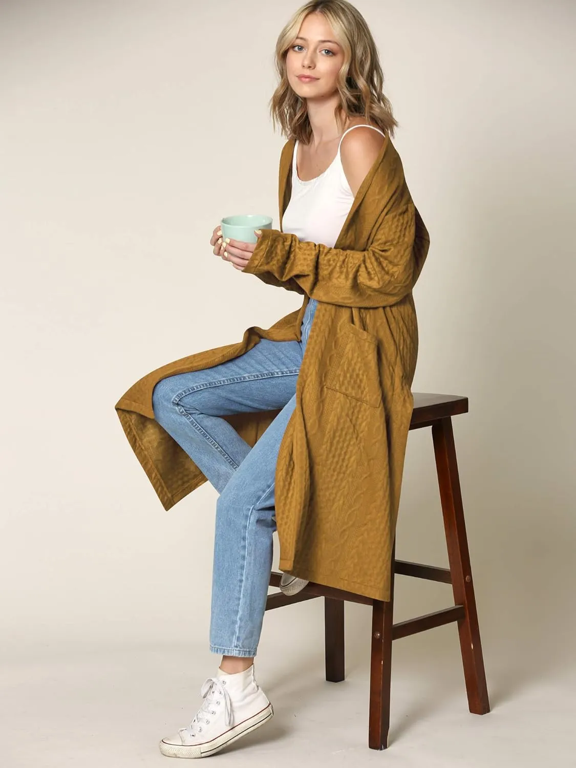 Made By Johnny Women's Casual Cozy Braided Open Front Long Pocket Cardigan Sweater