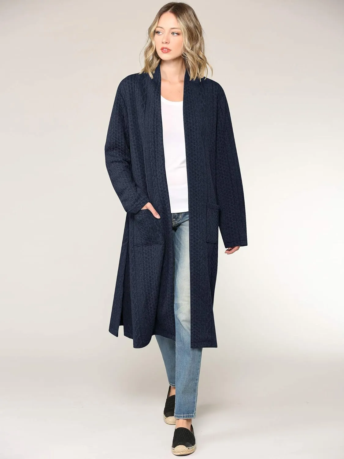 Made By Johnny Women's Casual Cozy Braided Open Front Long Pocket Cardigan Sweater