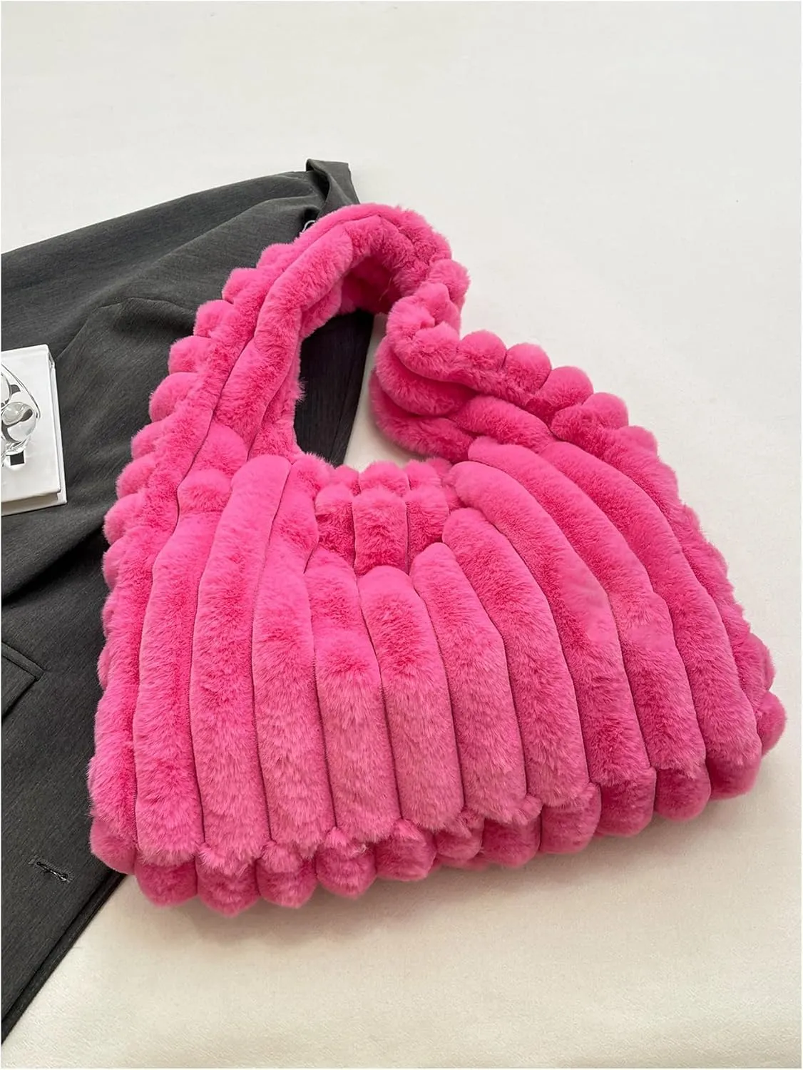 MakeMeChic Women's Faux Fur Shoulder Bag Fuzzy Top Handle Cute Handbags Purse
