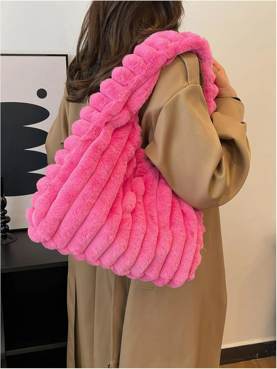 MakeMeChic Women's Faux Fur Shoulder Bag Fuzzy Top Handle Cute Handbags Purse