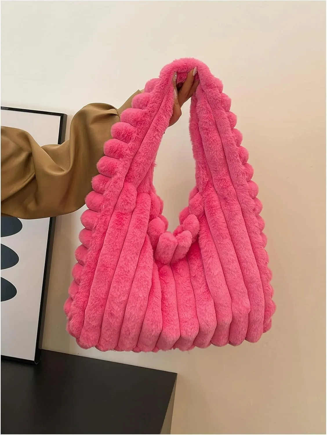 MakeMeChic Women's Faux Fur Shoulder Bag Fuzzy Top Handle Cute Handbags Purse