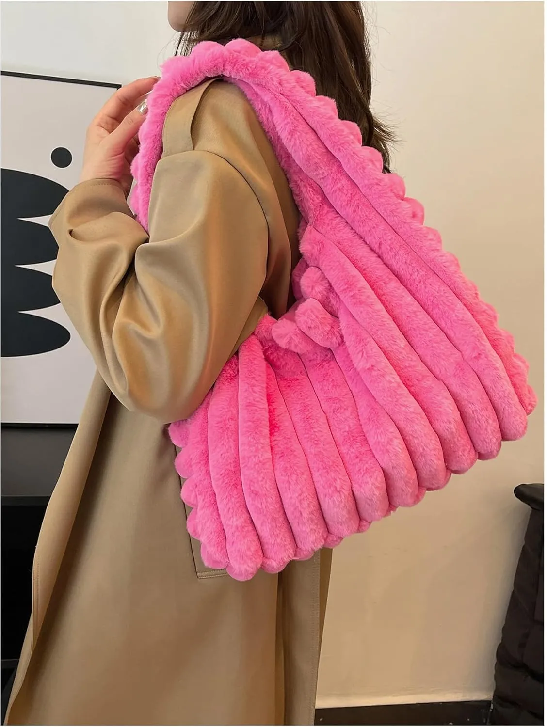 MakeMeChic Women's Faux Fur Shoulder Bag Fuzzy Top Handle Cute Handbags Purse