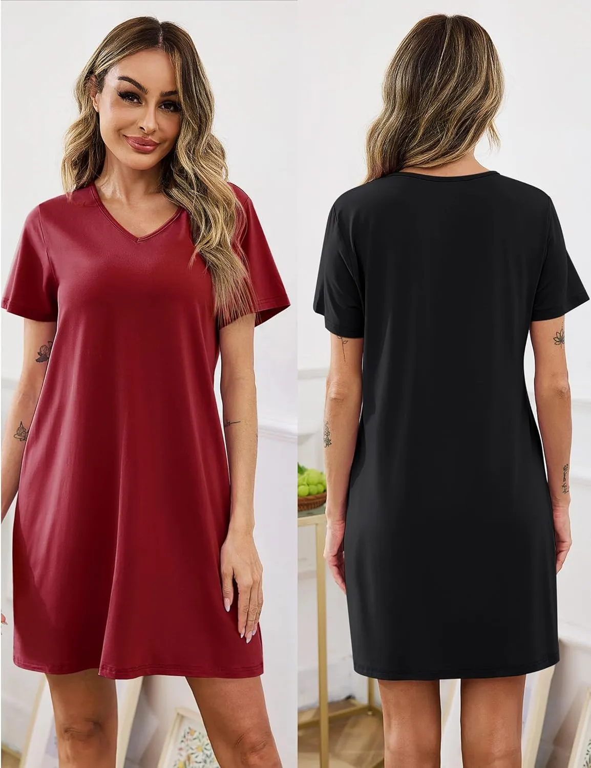 Marvmys Women 2 Pack Nightgowns Soft Short Sleeve Sleep Shirts Sleepwear V Neck Comfy Lounge Dress Nightshirts