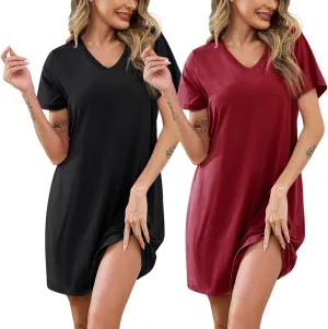 Marvmys Women 2 Pack Nightgowns Soft Short Sleeve Sleep Shirts Sleepwear V Neck Comfy Lounge Dress Nightshirts