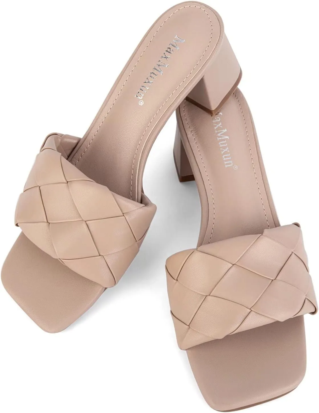MaxMuxun Women's Square Open Toe Low Chunky Block Heel Slip on Slide Sandals