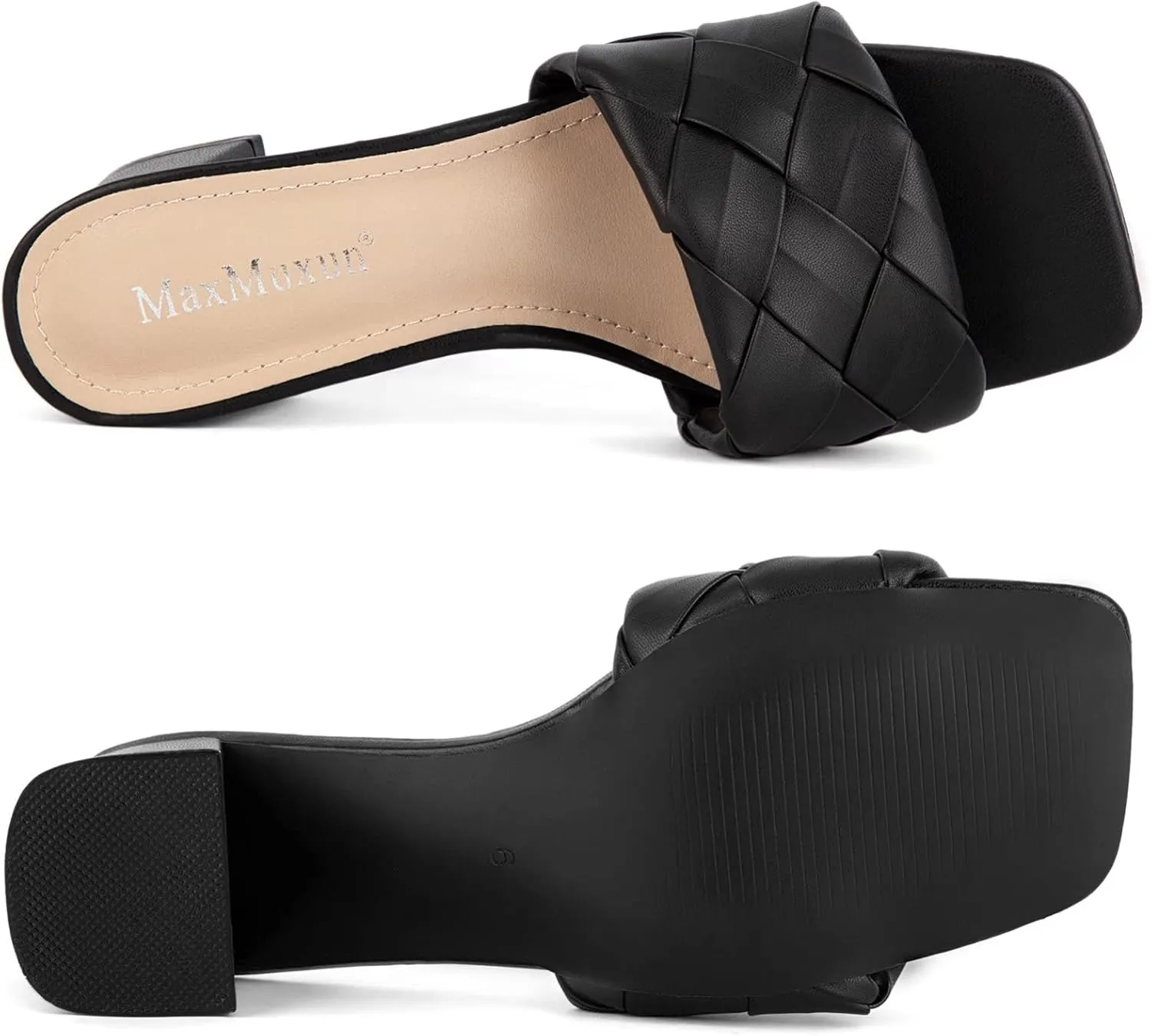 MaxMuxun Women's Square Open Toe Low Chunky Block Heel Slip on Slide Sandals