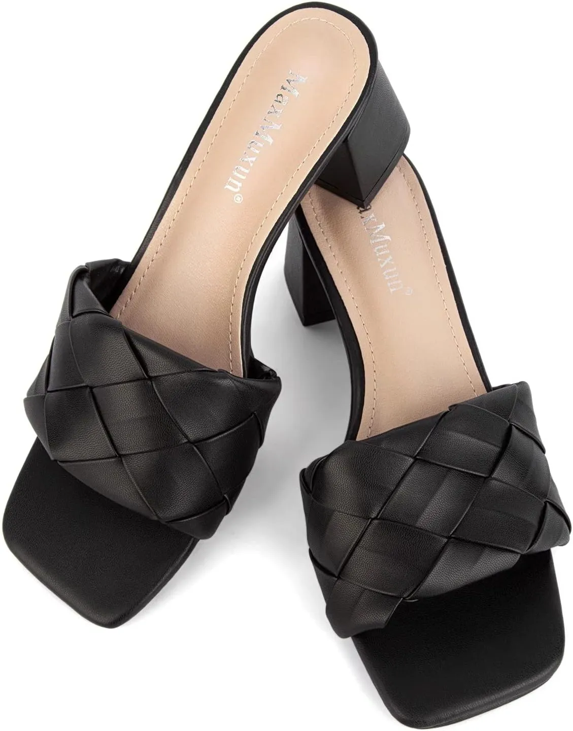 MaxMuxun Women's Square Open Toe Low Chunky Block Heel Slip on Slide Sandals